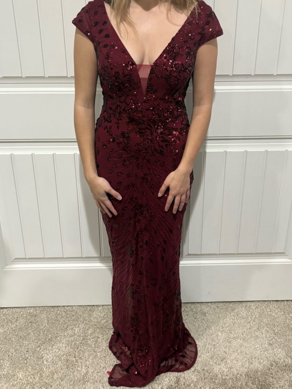 Elegant Deep Burgundy Sequin Evening Gown